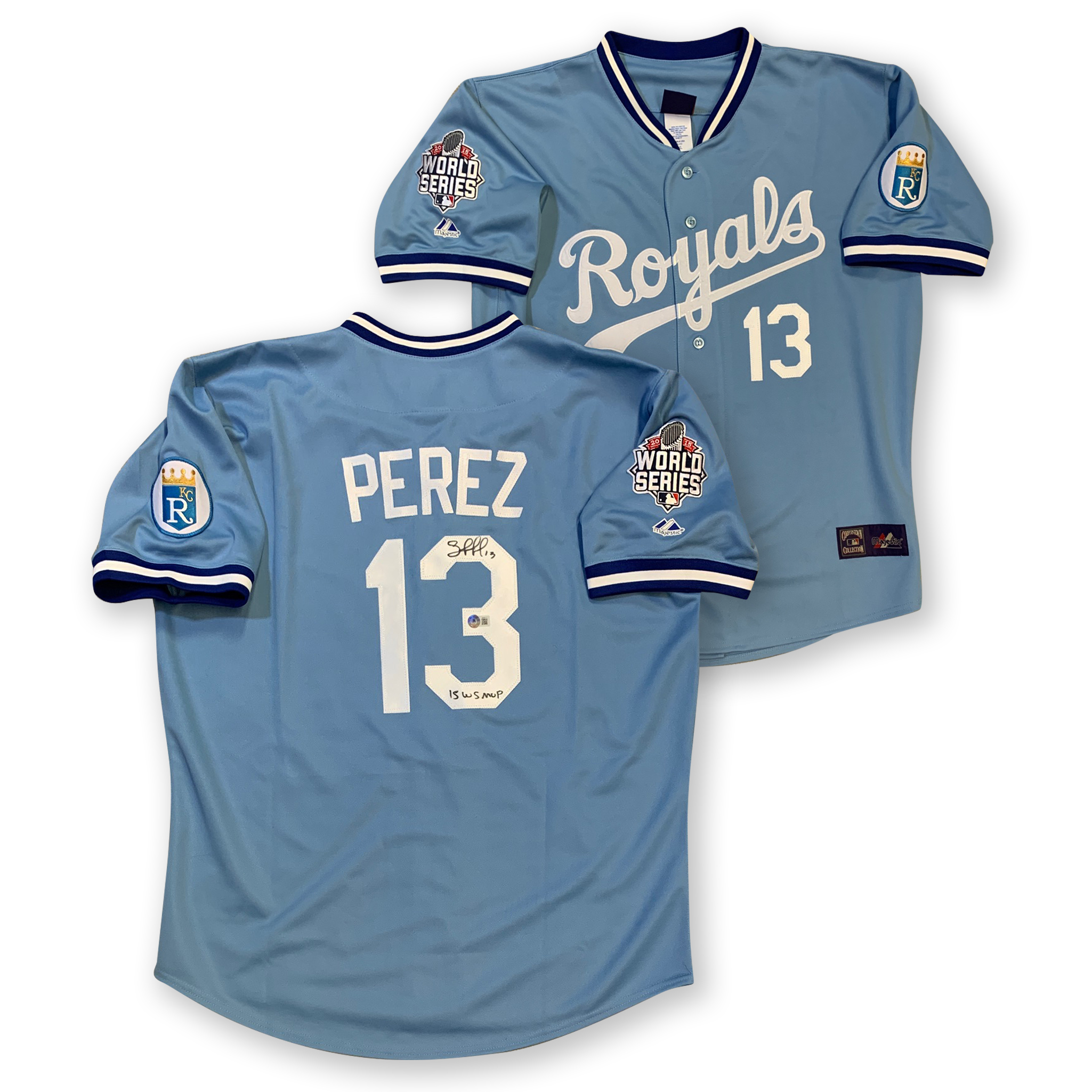 Salvador Perez Autographed Kansas City Royals 2015 World Series MVP Signed Majestic Baseball Jersey Beckett COA