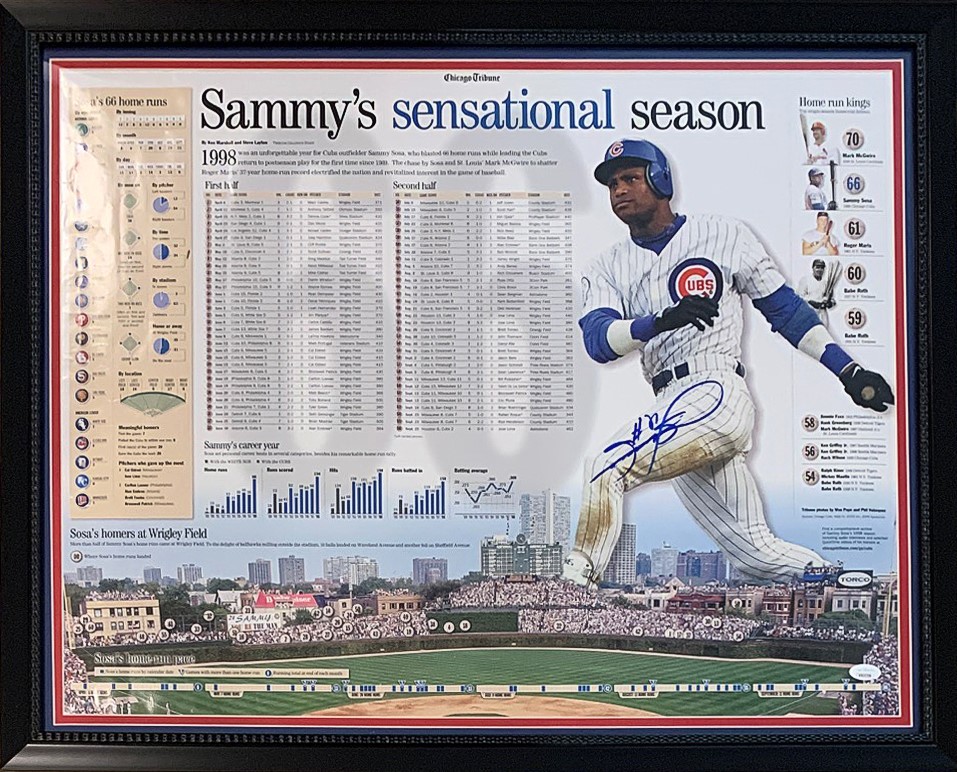 Sammy Sosa Autographed Chicago Cubs 1998 66 Home Run Signed Baseball Framed 22x28 Photo Poster JSA COA