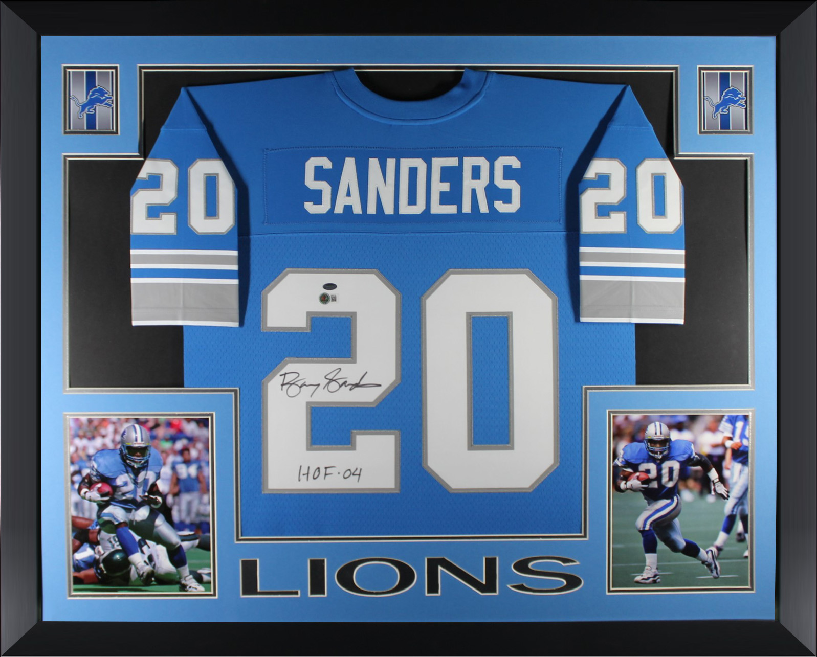 Barry Sanders Autographed Detroit Lions Signed Mitchell & Ness Football Framed Jersey Hall of Fame HOF 2004 Beckett COA