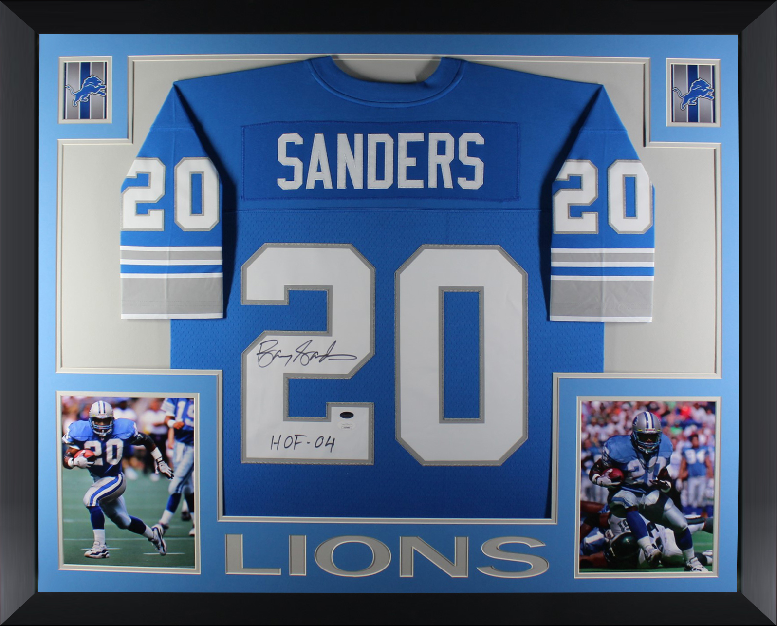 Barry Sanders Autographed Detroit Lions Signed Mitchell & Ness Football Framed Jersey Hall of Fame HOF 2004 JSA COA A