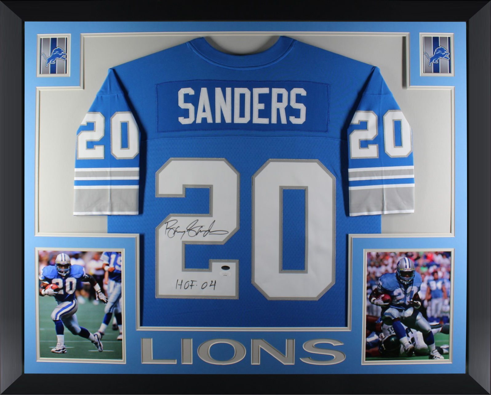 Barry Sanders Autographed Detroit Lions Signed Mitchell & Ness Football Framed Jersey Hall of Fame HOF 2004 JSA COA B
