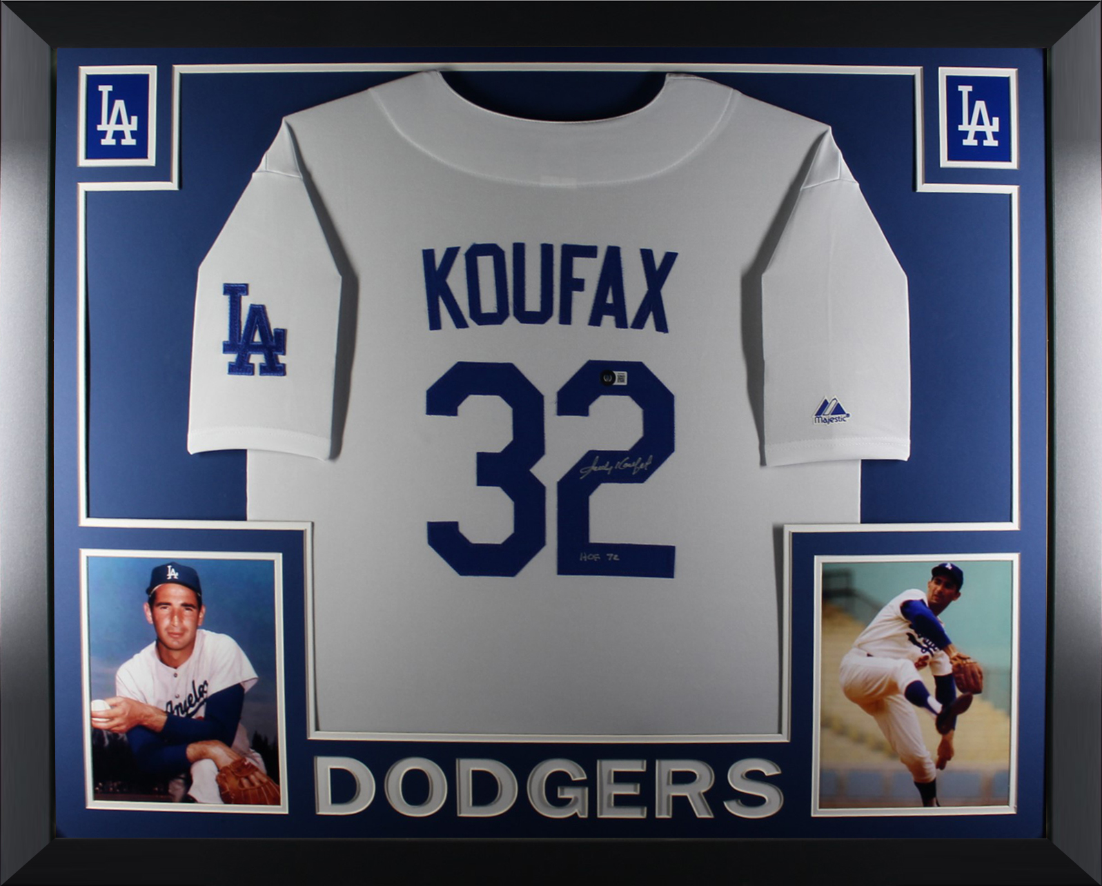 Sandy Koufax Autographed Los Angeles Dodgers Signed Majestic Baseball Framed Jersey Hall of Fame HOF 72 Beckett COA B