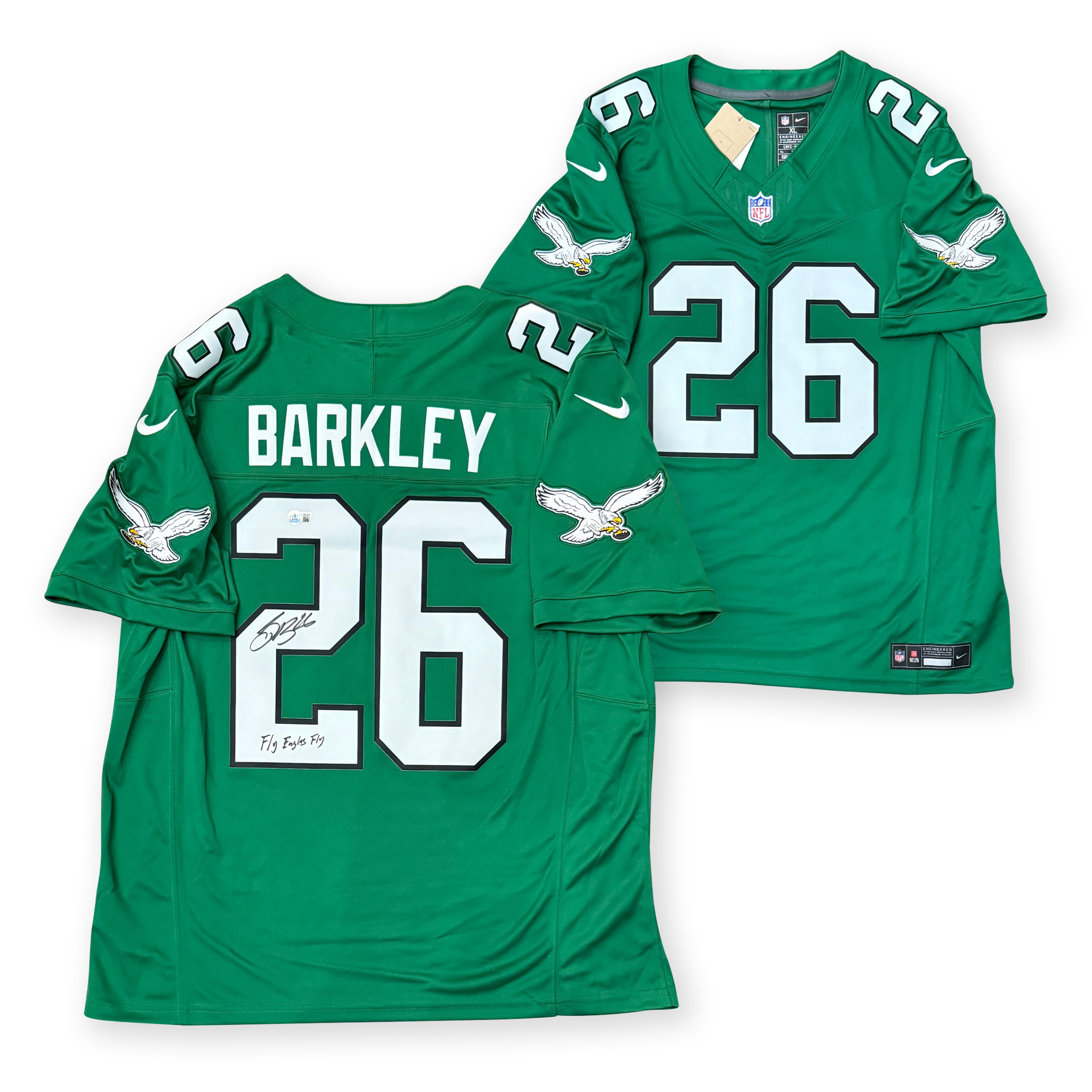 Saquon Barkley Autographed Philadelphia Eagles Signed Nike Limited Kelly Green Football Jersey FLY EAGLES FLY Beckett Authenticated COA