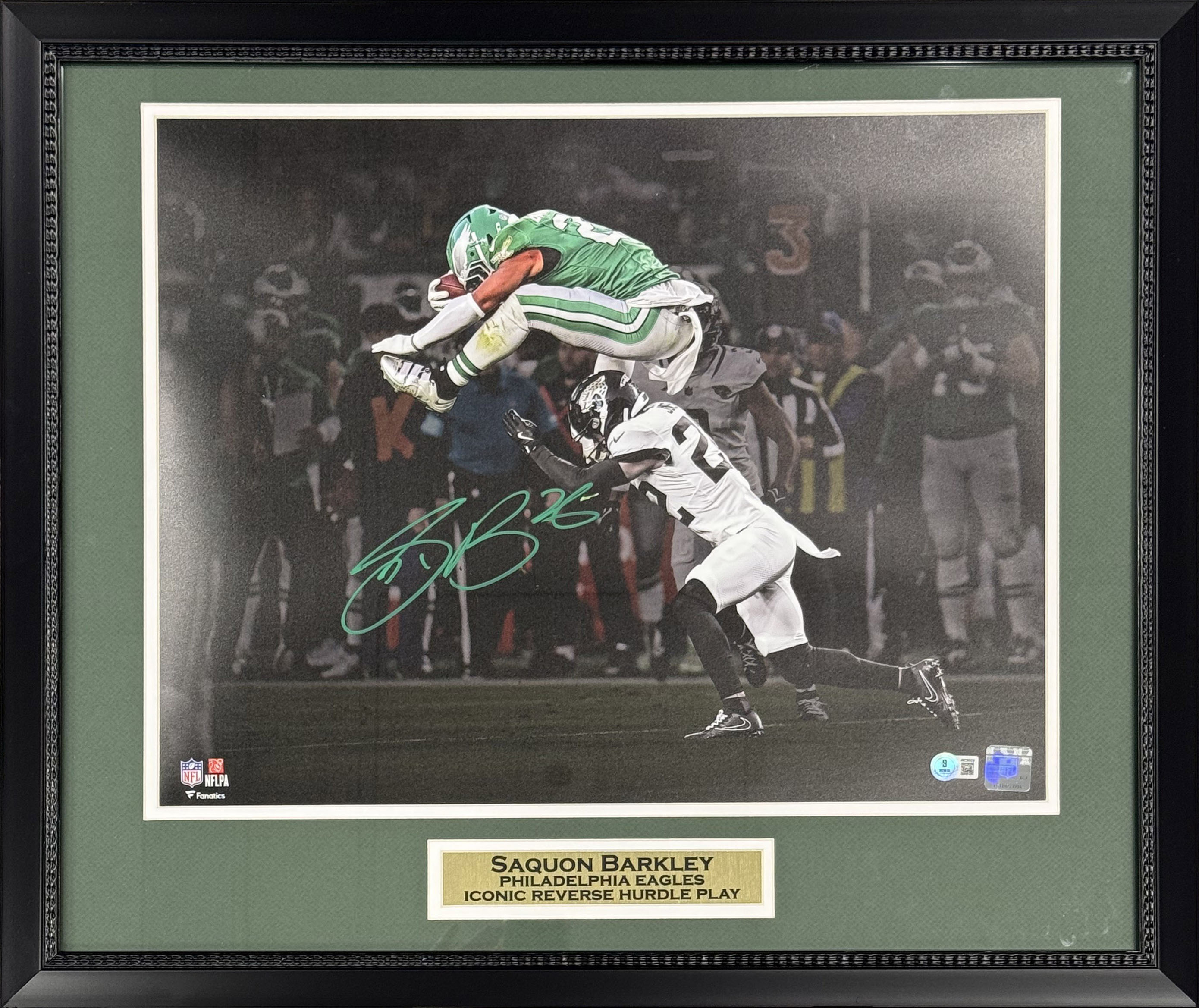 Saquon Barkley Autographed Philadelphia Eagles Reverse Hurdle Signed 16x20 Framed Football Photo Beckett Authenticated COA Green