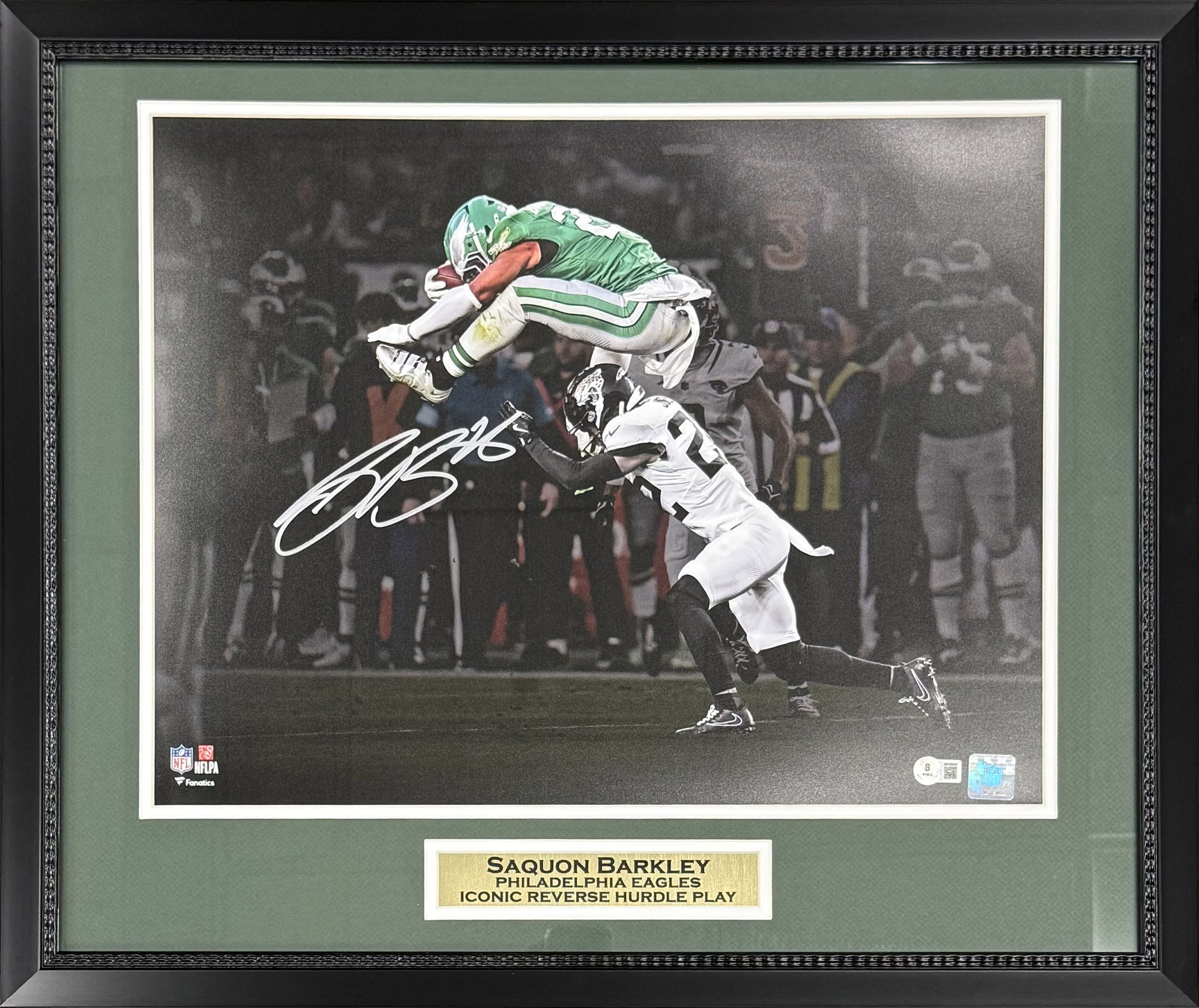 Saquon Barkley Autographed Philadelphia Eagles Reverse Hurdle Signed 16x20 Framed Football Photo Beckett Authenticated COA Silver