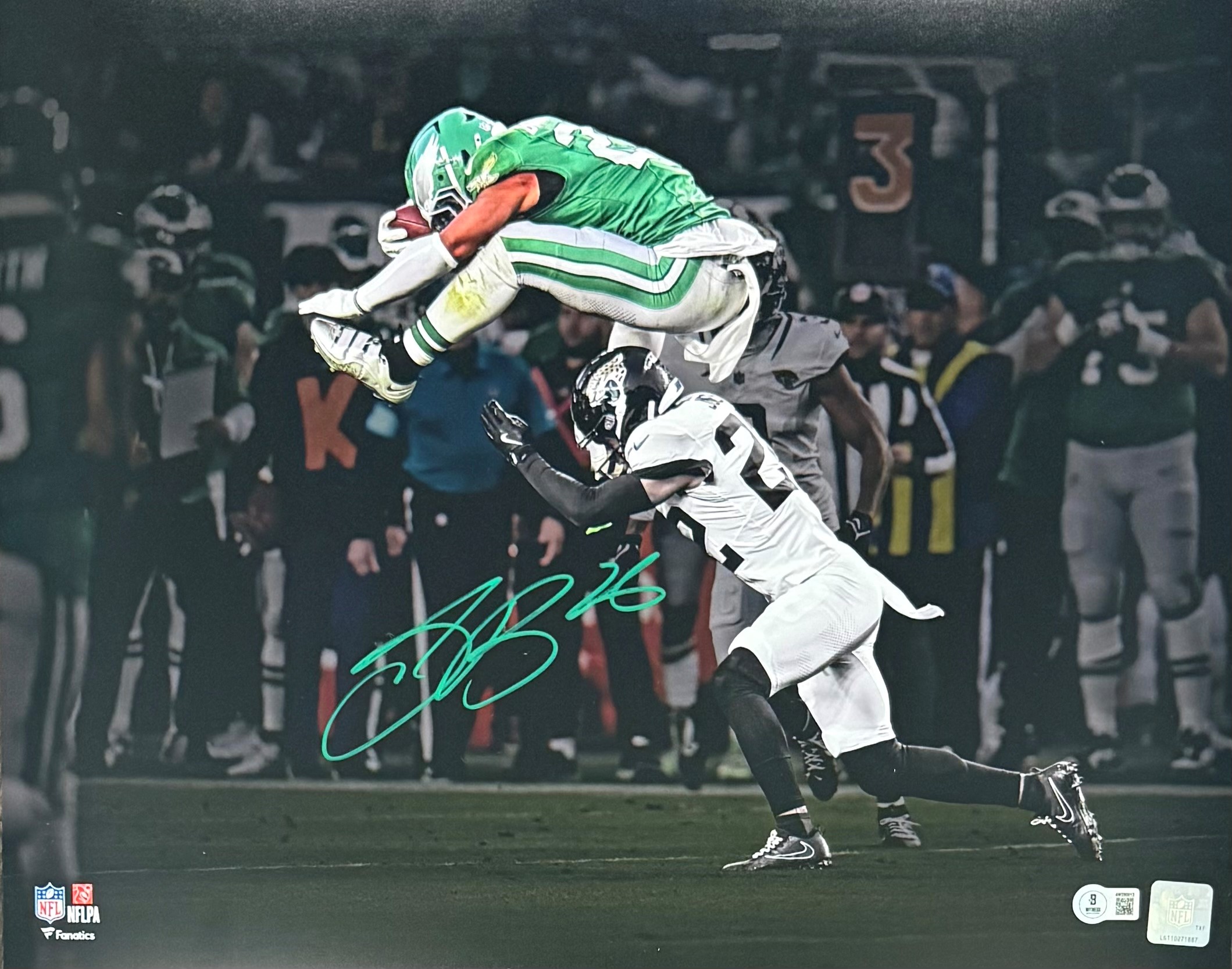 Saquon Barkley Autographed Philadelphia Eagles Reverse Hurdle Signed 16x20 Football Photo Beckett Authenticated COA Green