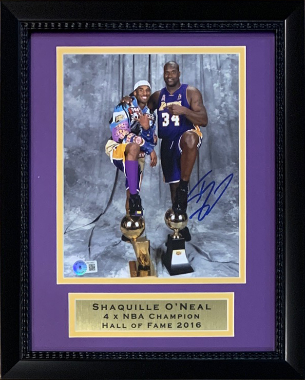 Shaquille O'Neal Autographed Los Angeles Lakers Signed Basketball 8x10 Framed Photo With Young Kobe Bryant Beckett COA
