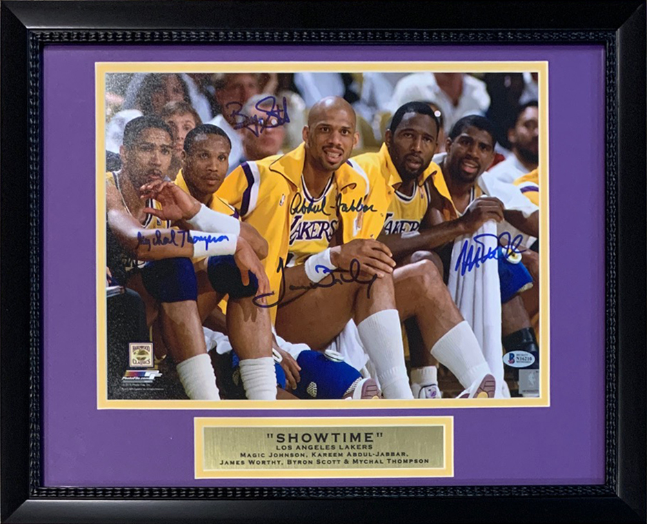 Los Angeles Lakers Showtime Autographed Basketball 11x14 Framed Photo Beckett COA Magic Johnson Kareem Abdul-Jabbar James Worthy Byron Scott Mychal Thomspson