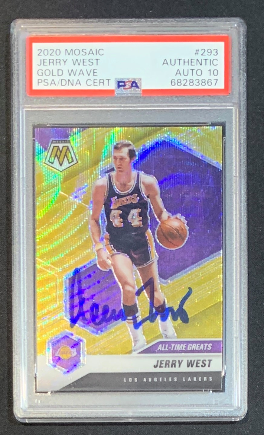 Jerry West 2020 Panini Mosaic Gold Wave Basketball Signed Card #293 Auto Graded PSA 10