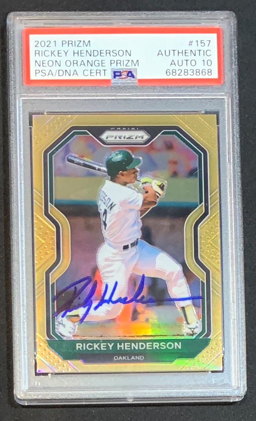 Rickey Henderson 2021 Panini Neon Orange Prizm Baseball Signed Card #157 Auto Graded PSA 10 22/100