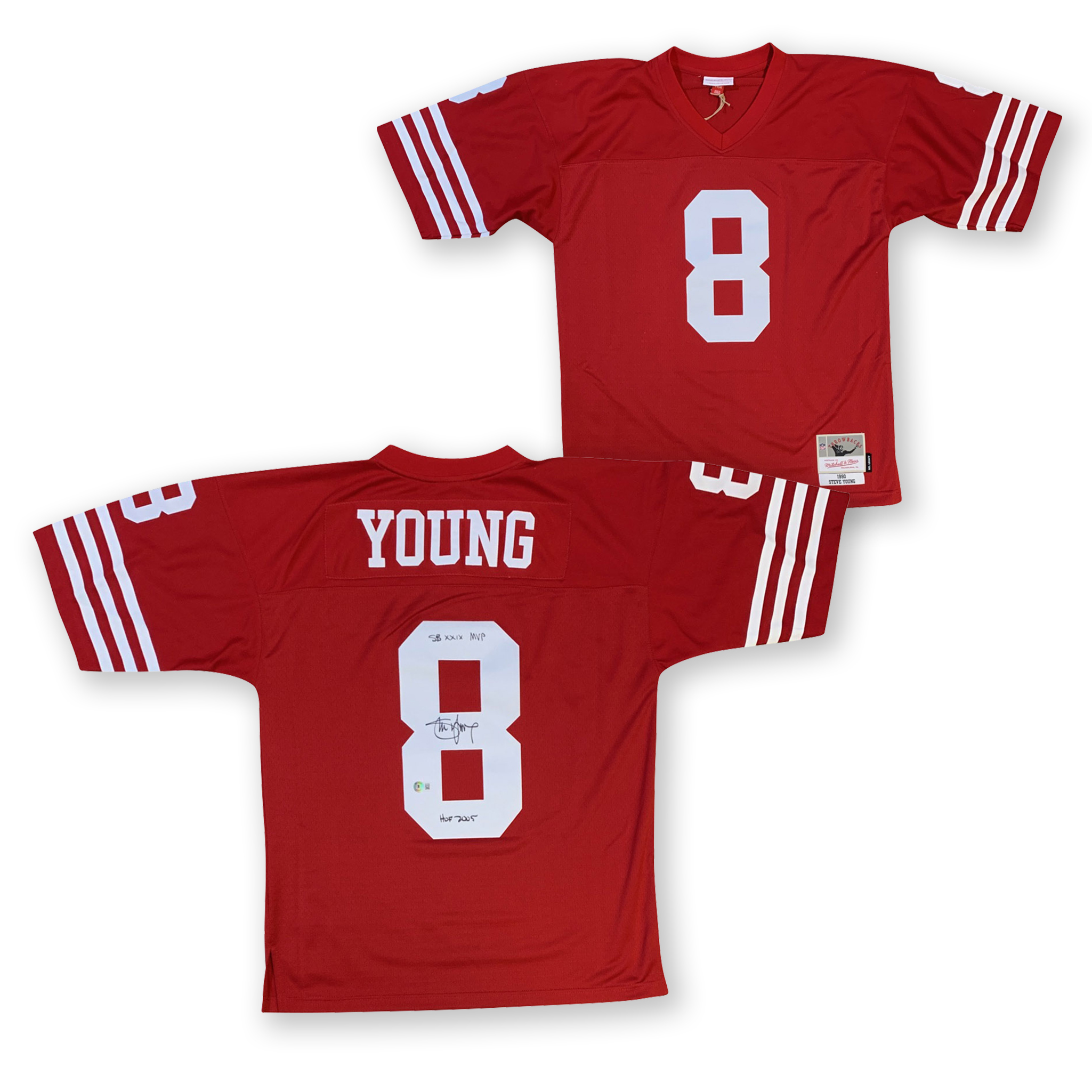 Steve Young Autographed San Francisco 49ers Signed Red Mitchell & Ness Football Jersey SUPER BOWL XXIX MVP HOF 2005 Beckett COA