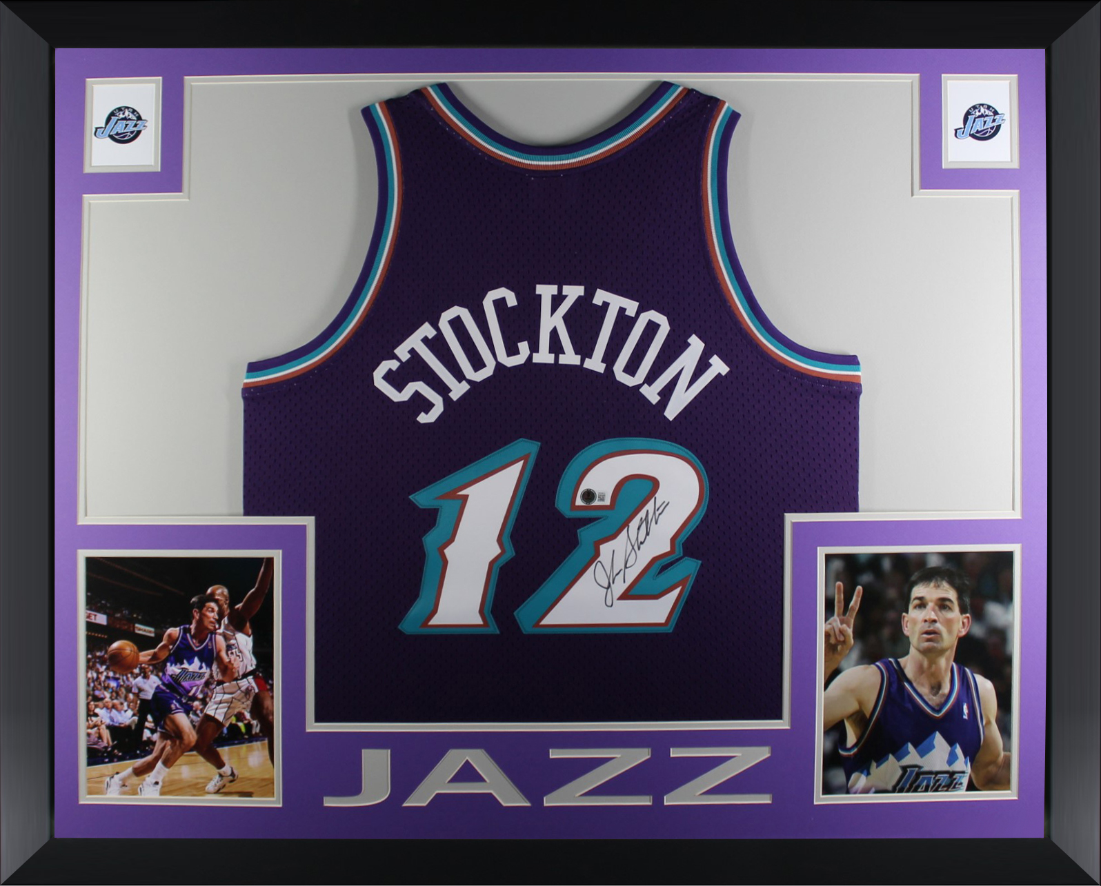 John Stockton Autographed Utah Jazz Mitchell & Ness Purple Swingman Signed Basketball Framed Jersey Beckett COA