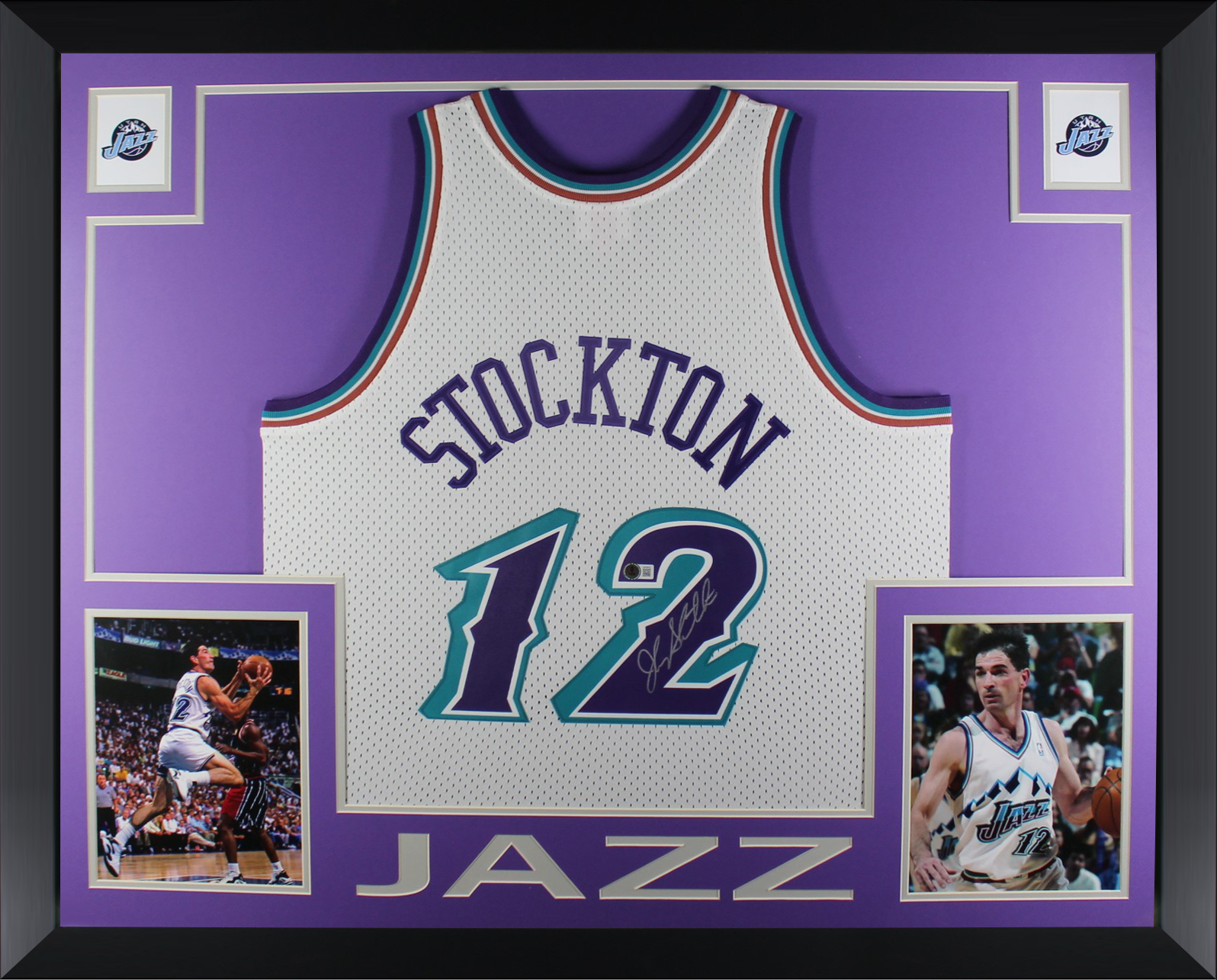John Stockton Autographed Utah Jazz Mitchell & Ness White Swingman Signed Basketball Framed Jersey Beckett COA