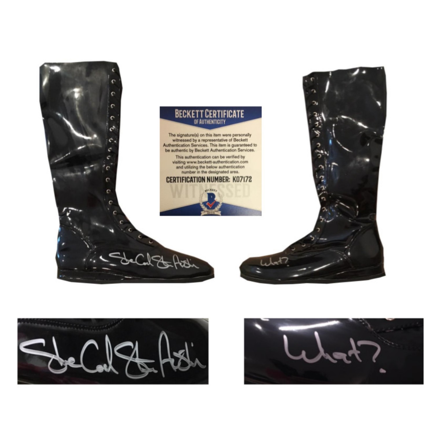 Stone Cold Steve Austin Autographed WWE Shoes WHAT? Signed Wrestling Boots Beckett BAS COA Stone Cold Steve Austin Autographed WWE Shoes WHAT? Signed Wrestling Boots Beckett BAS COA
