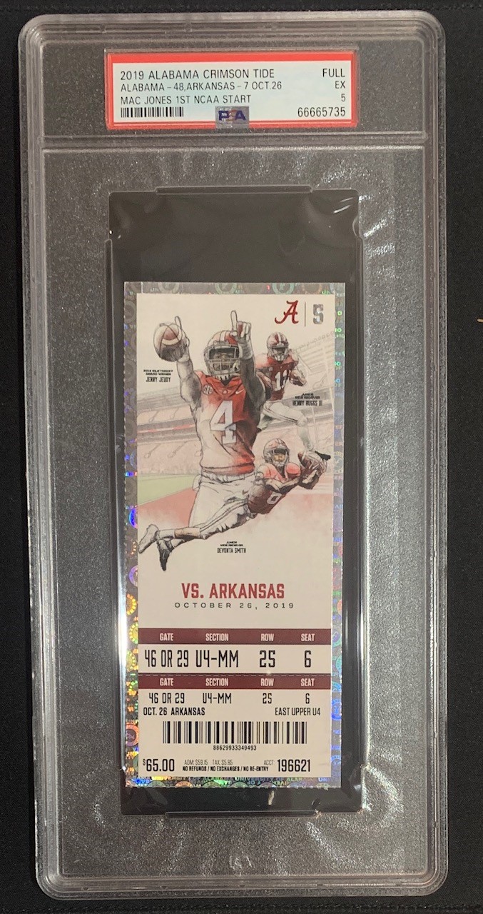 Mac Jones 1st NCAA Start Ticket 2019 Alabama Crimson Tide vs Arkansas Razorbacks 10/26/19 Graded PSA 5 Mac Jones 1st NCAA Start Ticket 2019 Alabama Crimson Tide vs Arkansas Razorbacks 10/26/19 Graded PSA 5