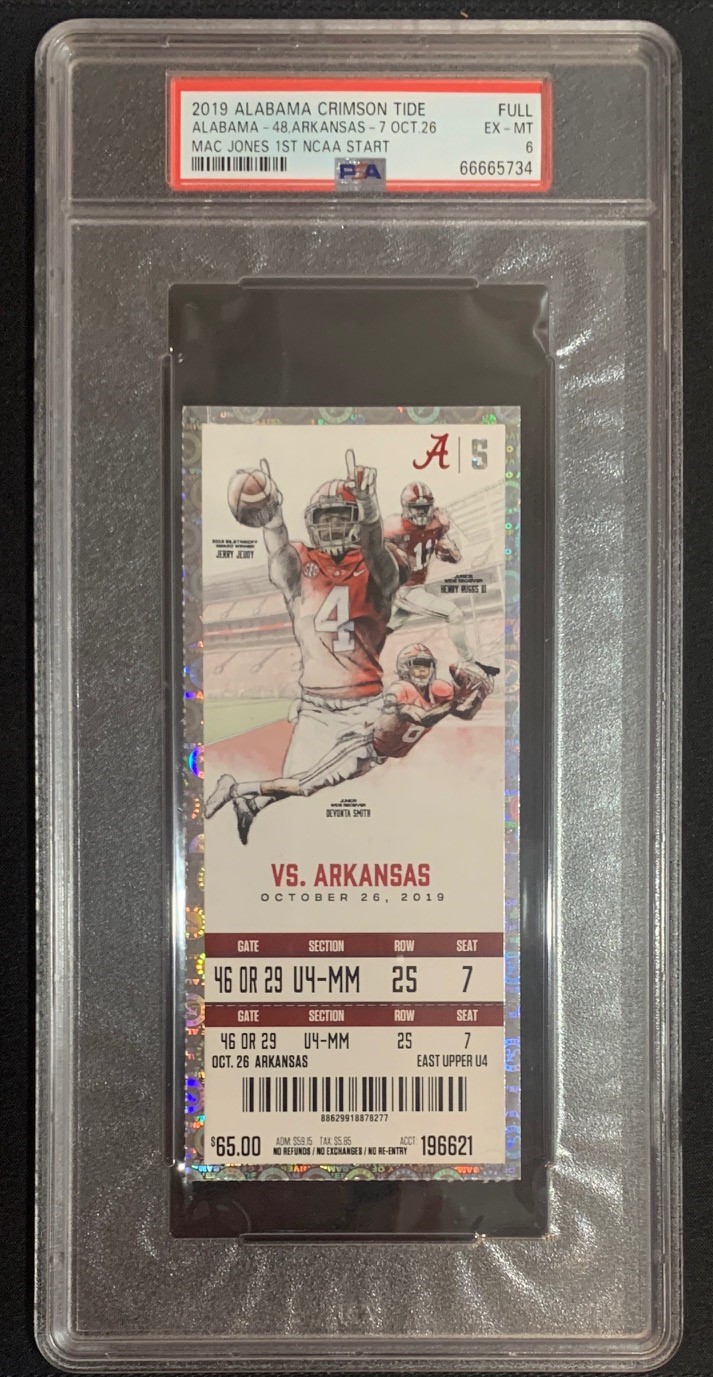 Mac Jones 1st NCAA Start Ticket 2019 Alabama Crimson Tide vs Arkansas Razorbacks 10/26/19 Graded PSA 6 Mac Jones 1st NCAA Start Ticket 2019 Alabama Crimson Tide vs Arkansas Razorbacks 10/26/19 Graded PSA 6