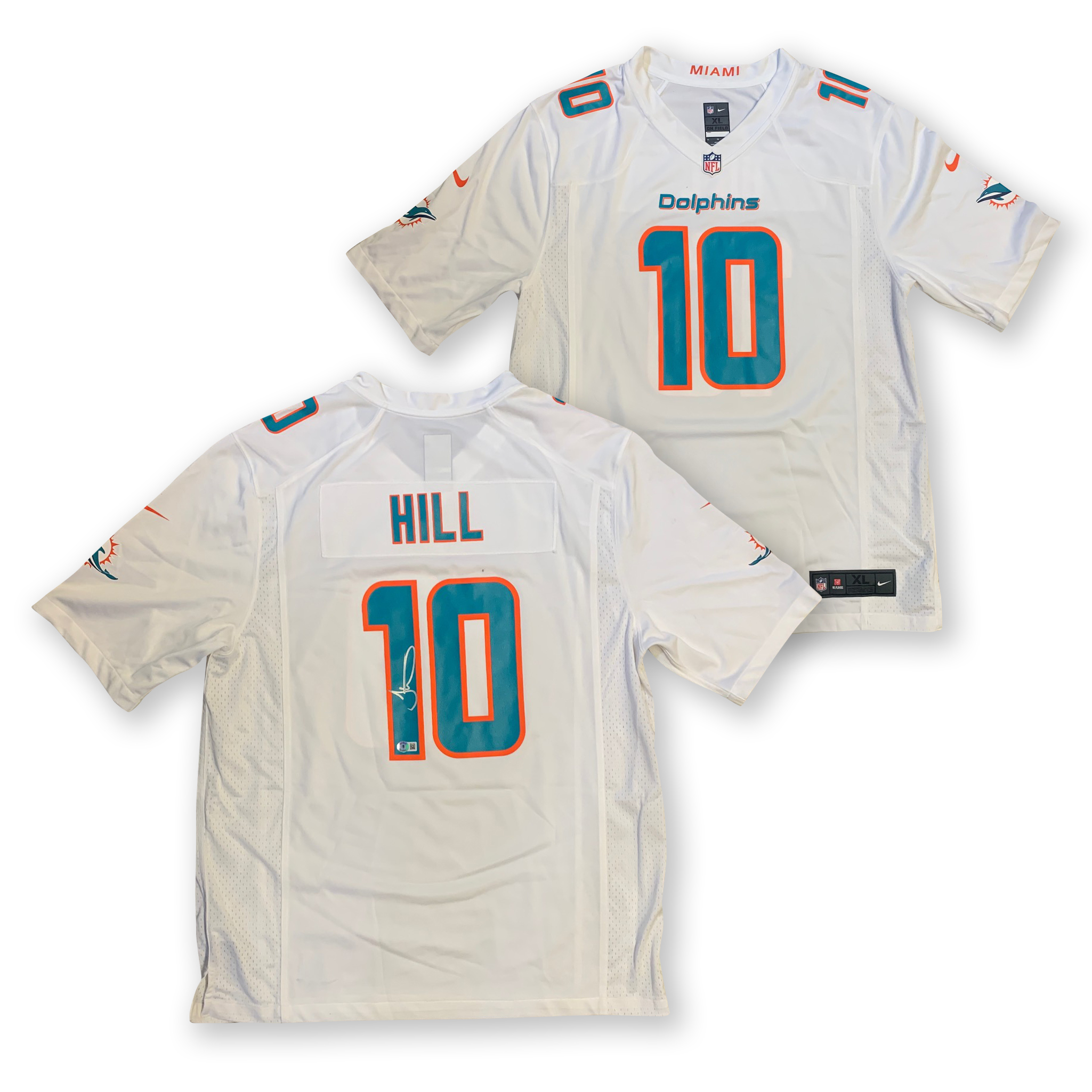 Tyreek Hill Autographed Miami Dolphins Signed Nike Game Football White Jersey Beckett COA Stain