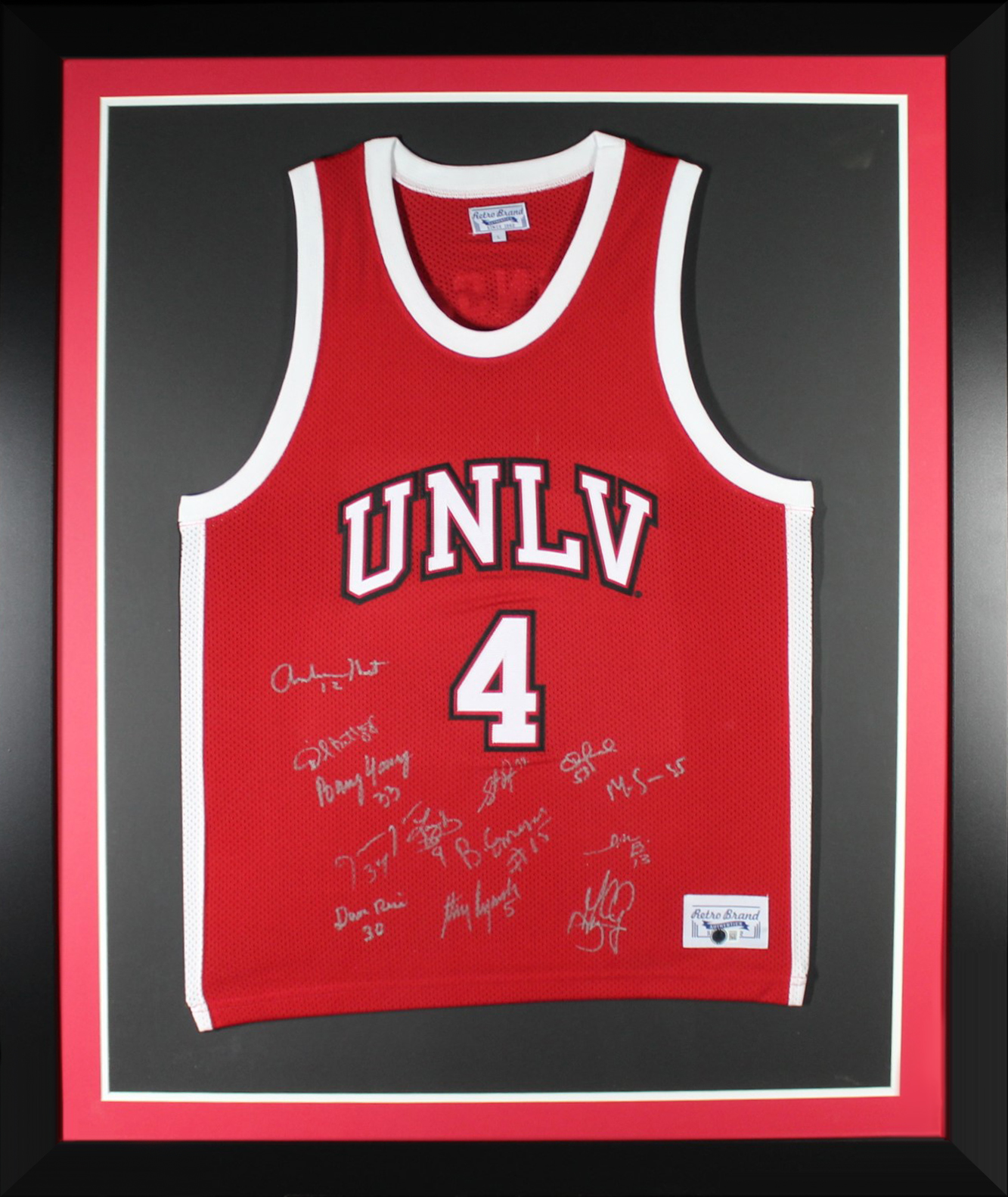 1990 UNLV Rebels Autographed National Championship Team Signed Basketball Framed Jersey Retro Brand Beckett COA Red