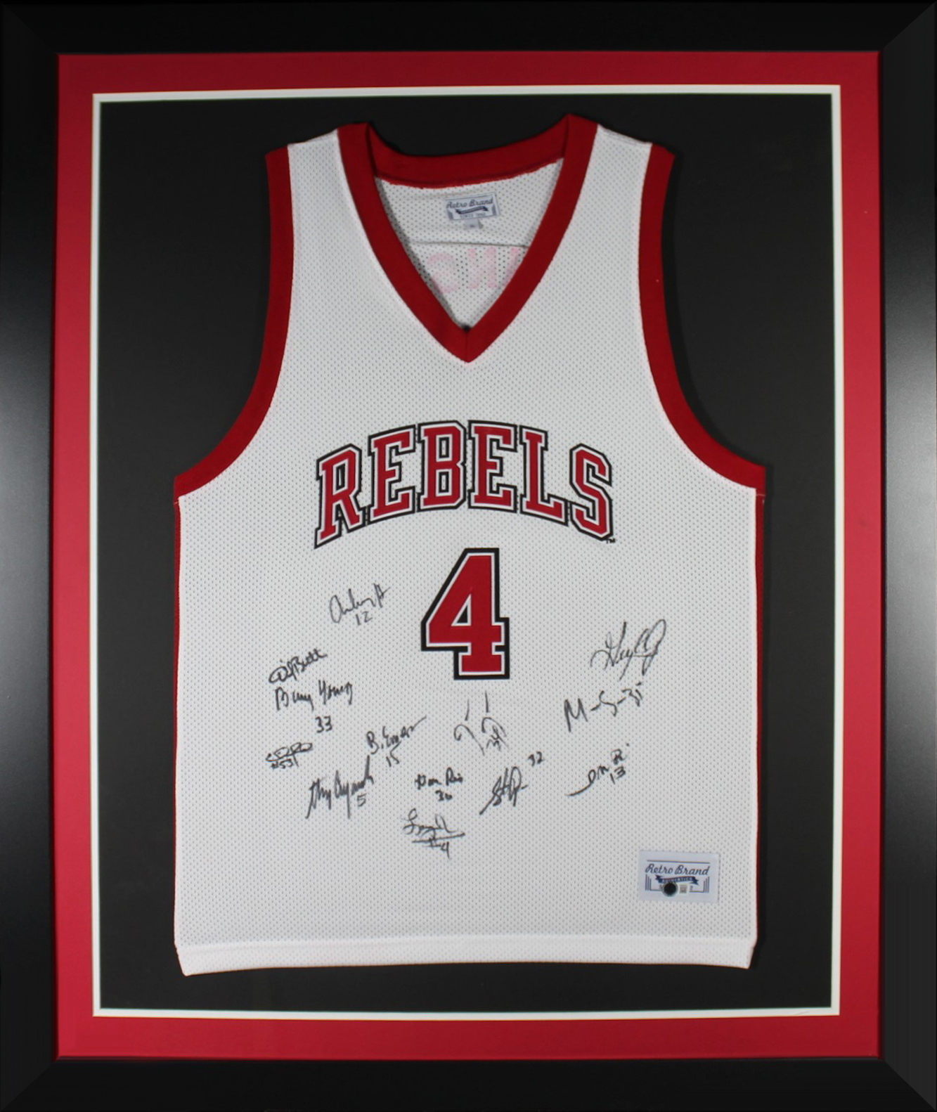 1990 UNLV Rebels Autographed National Championship Team Signed Basketball Framed Jersey Retro Brand Beckett COA White B