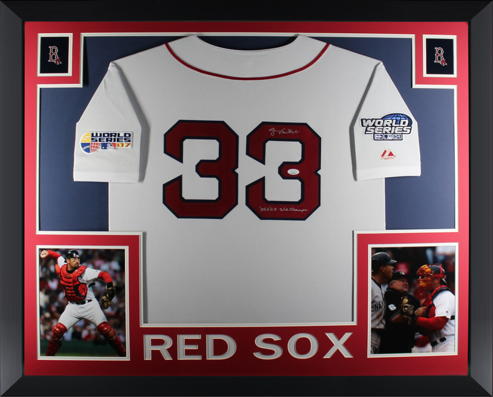 Jason Varitek Autographed Boston Red Sox 2004 2007 World Series Signed Majestic Baseball Framed Jersey JSA COA