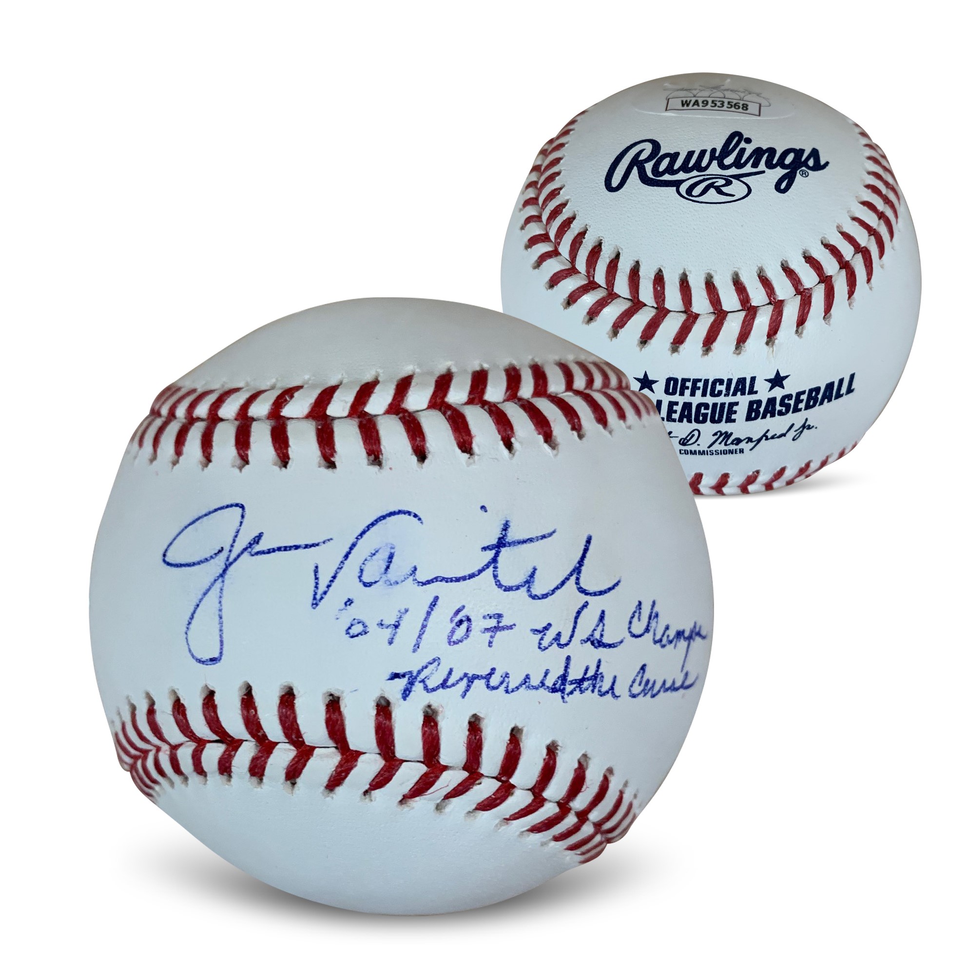 Jason Varitek Autographed MLB Signed Baseball 04 07 WS CHAMPS REVERSE THE CURSE JSA COA With UV Display Case Smudged