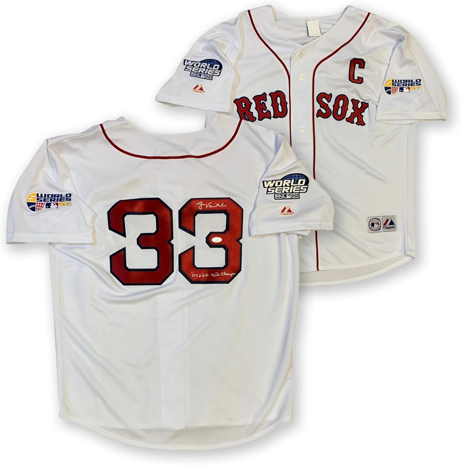 Jason Varitek Autographed Boston Red Sox 2004 2007 World Series Signed Majestic Baseball Jersey JSA COA