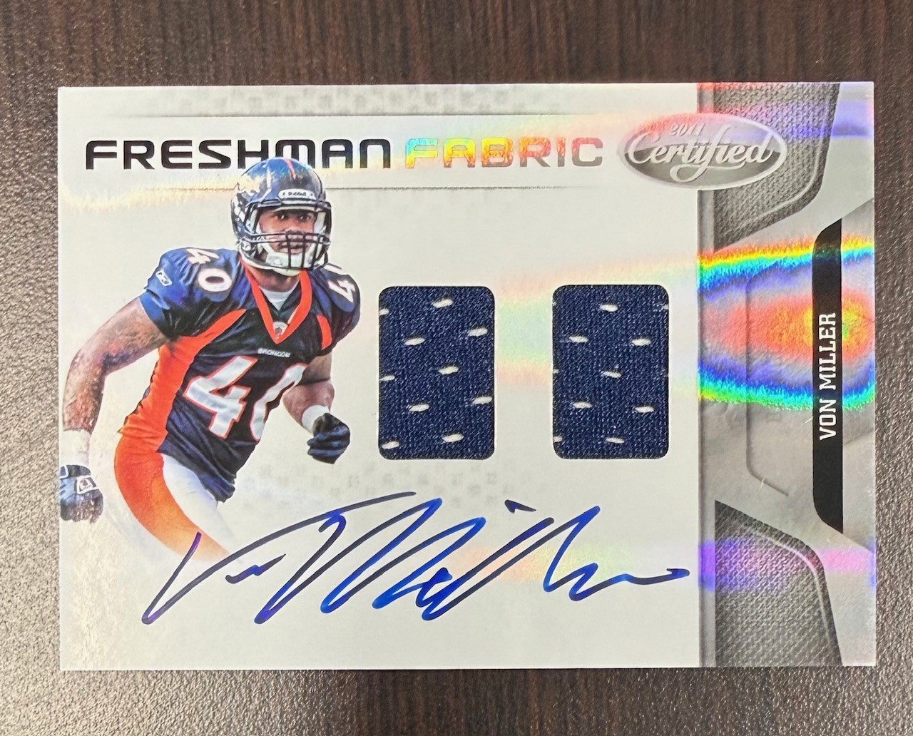 Von Miller 2011 Panini Certified Freshman Fabric Autograph Patch Worn Football Rookie Card #266 Auto Serial #223/499
