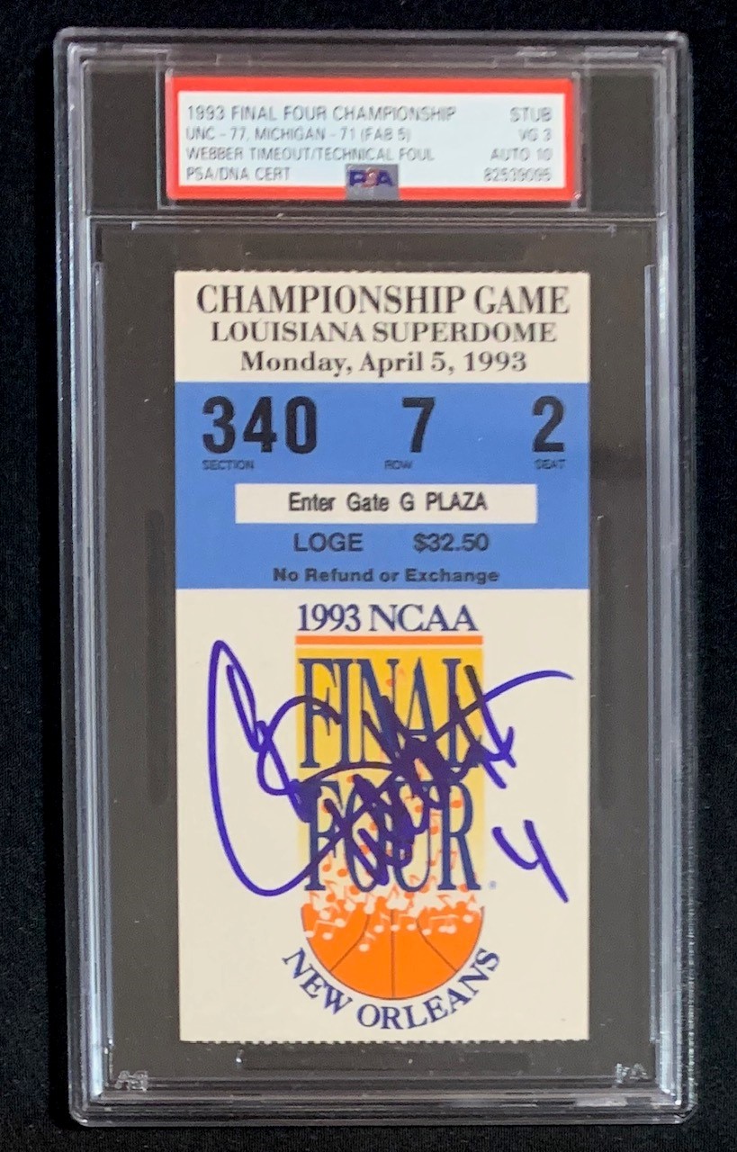 Chris Webber 1993 Final Four Timeout Signed Basketball Ticket Auto Graded PSA 10