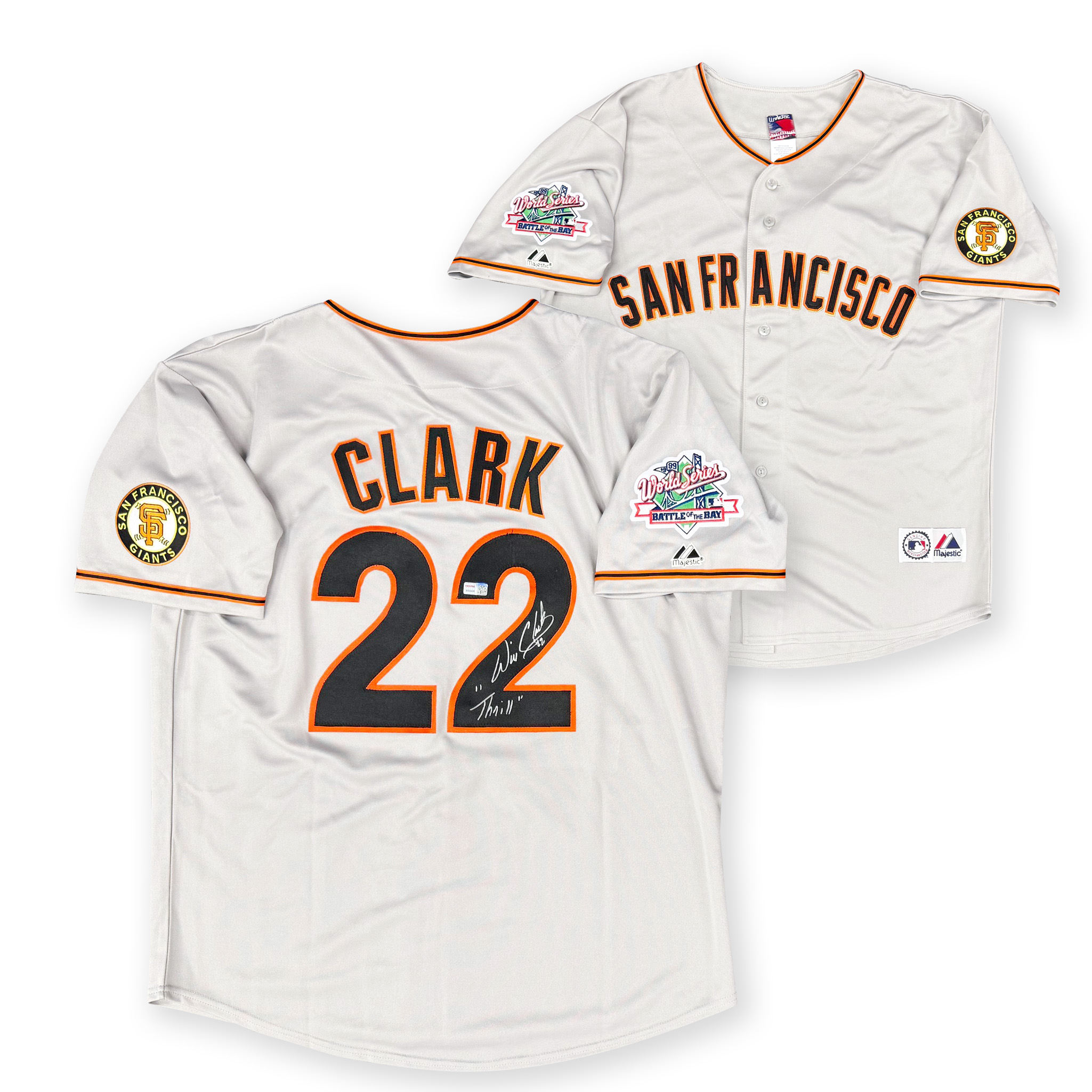 Will Clark Autographed San Francisco Giants 1989 World Series Signed Majestic Grey Baseball Jersey THRILL Inscription TRISTAR Authenticated Will Clark Autographed San Francisco Giants 1989 World Series Signed Majestic Grey Baseball Jersey THRILL Inscription TRISTAR Authenticated