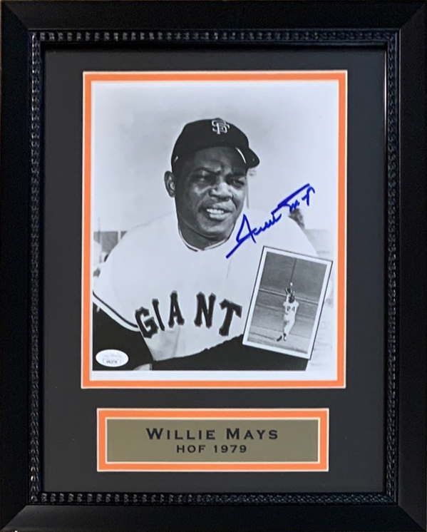 Willie Mays Autographed San Francisco Giants THE CATCH Signed Baseball 8x10 Framed Photo JSA COA