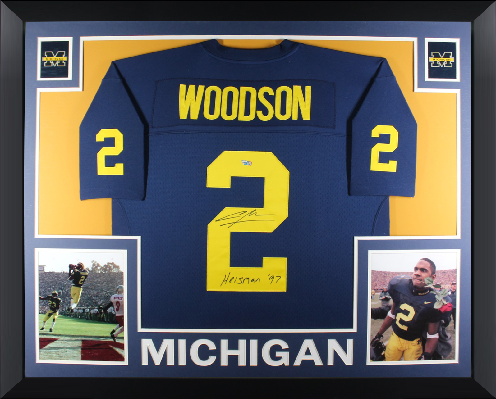 Charles Woodson Autographed Michigan Wolverines 1997 Heisman Signed Mitchell & Ness Football Framed Jersey Fanatics Authentic COA